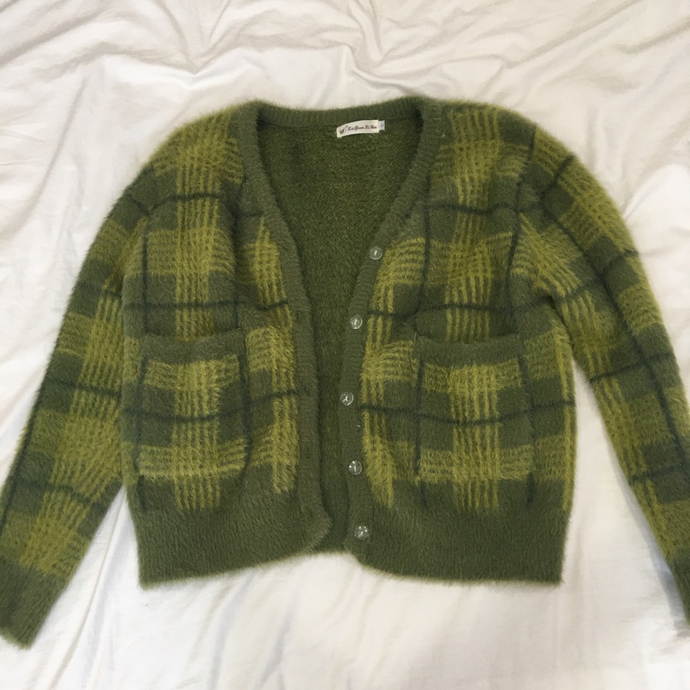 Green plaid fuzzy sweater